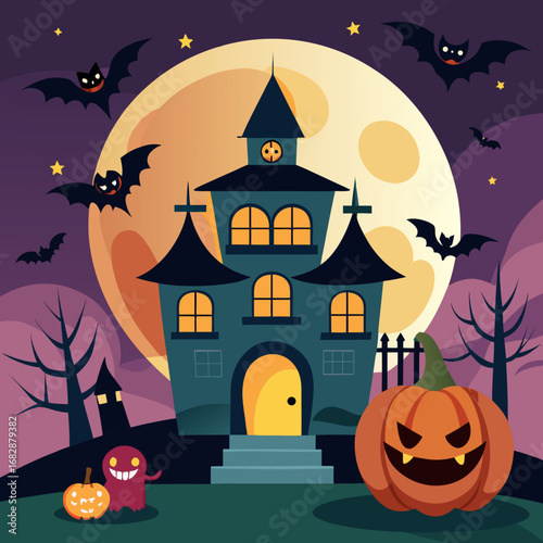 halloween background with castle and pumpkin