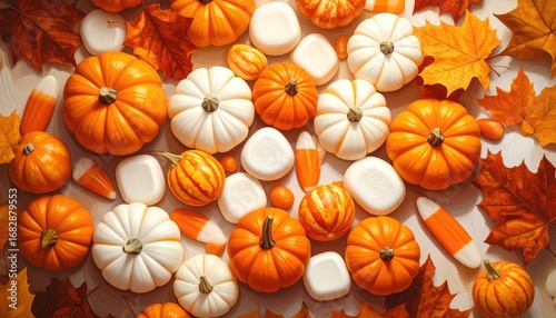 A festive arrangement of small pumpkins, white blocks, candy corn, and autumn leaves against a light background, capturing a warm, seasonal aesthetic
