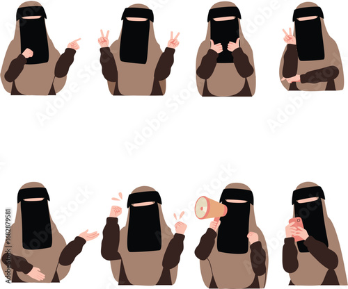 Woman in hijab and niqab expressing various emotions and gestures with hands and objects.