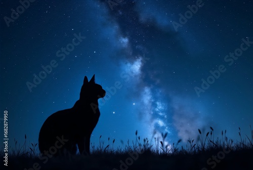 Cat Silhouette Gazing at the Milky Way Galaxy in Dark Sky