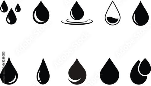 Collection of stylized black water drops and droplets in various forms