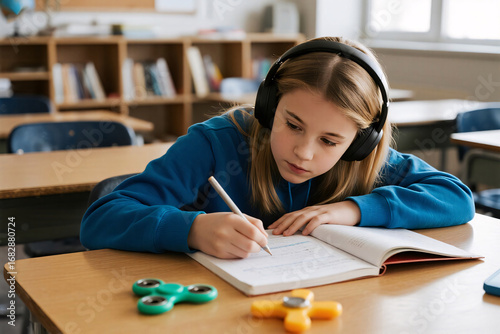 Focused teenage girl with ADHD using fidget spinner and headphones while studying at desk, bright modern classroom environment supporting concentration