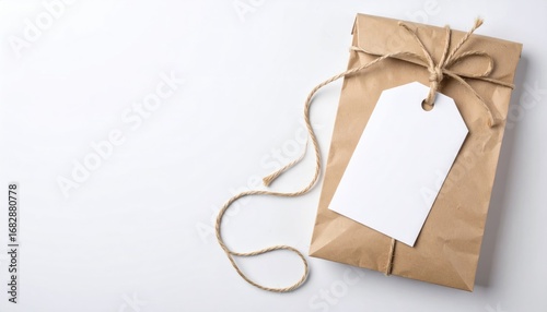 Brown paper parcel tied with twine and a blank white tag sits on a white surface. Minimalist design with space for text