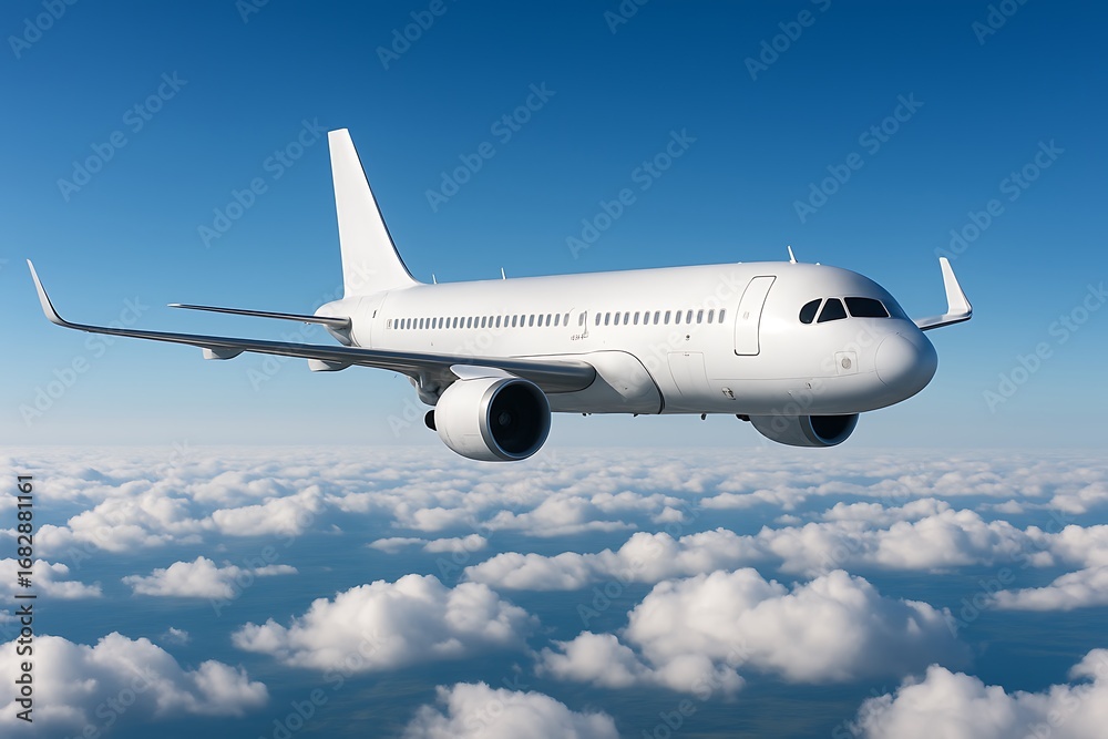 Obraz premium Airplane flying above clouds in blue sky showing modern aviation travel concept passenger jet transportation freedom journey vacation business trip technology safe aircraft engine flight