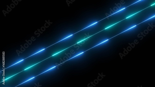 Three parallel diagonal lines of glowing blue and teal neon dashes on a black background abstract bright
