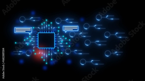 Central blue glowing microchip with radiating lines and connected nodes, representing data flow and communication