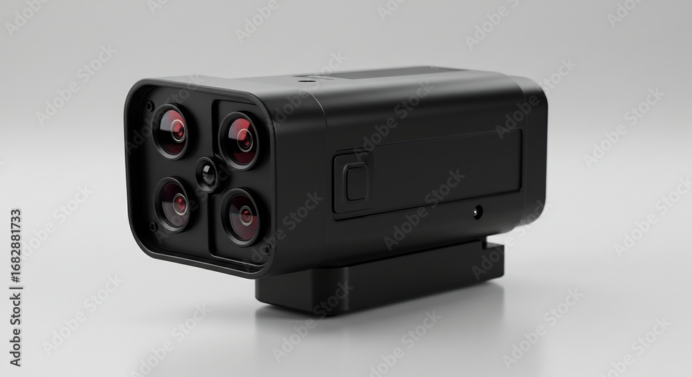 Obraz premium 未来型センサー 精密機械 黒色筐体 四眼レンズ 高精度光学設計. AI Generated