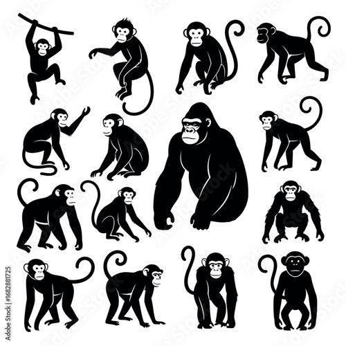 Vector illustration of collection of monkey and ape silhouettes