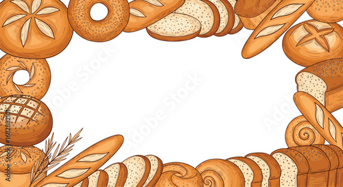Delicious assortment of freshly baked bread and bagels arranged in a decorative border design
