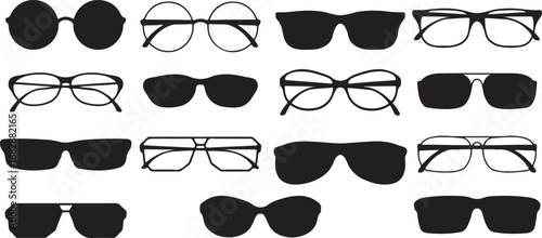 Eyewear silhouettes, glasses vector, sunglasses graphic, fashion accessory, modern design, stylish, black outline, optical, trendy, popular, eyewear collection, eyes, vision, fashionable, high demand,