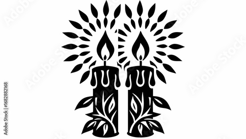 Two ornate candles with burning flames and decorative leaves in a symmetrical black and white design style silhouette