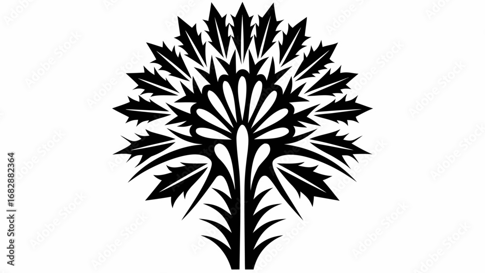Fototapeta premium Ornamental design featuring a symmetrical floral pattern with pointed leaves in black and white color scheme silhouette