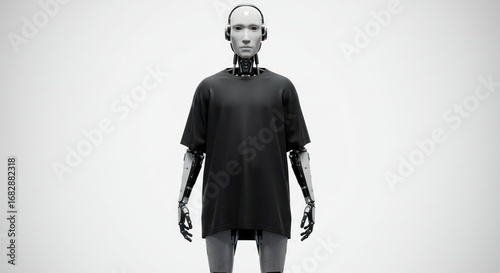 A humanoid robot wearing a plain black oversized t-shirt against a white background.