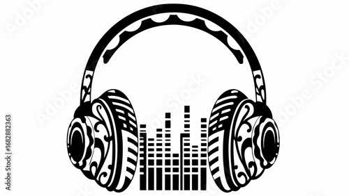 Headphones with decorative elements and equalizer bars in a monochrome black and white illustration style silhouette
