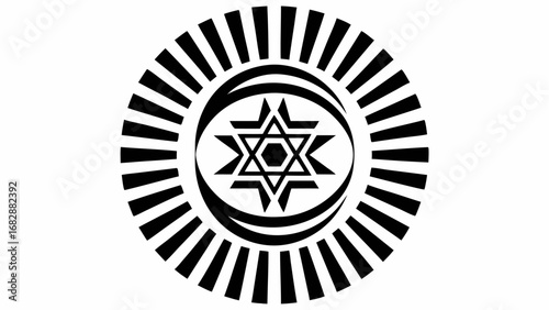 A graphic design featuring a six pointed star inside a crescent shape with radial lines emanating outward silhouette