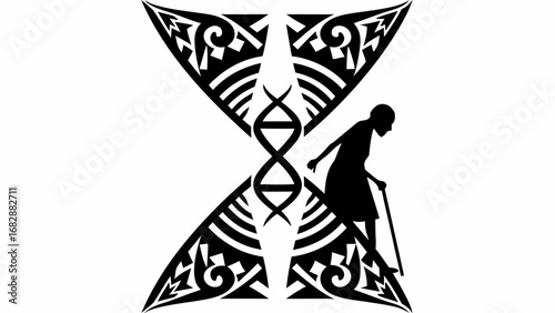 Stylized hourglass with dna helix and silhouette of an elderly woman with a cane in black and white