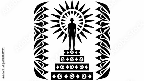 Silhouette of a person standing on a tiered platform with a sunburst and decorative border surrounding them