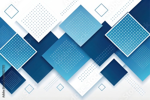 Overlapping blue and white squares with dot patterns and grid textures abstract background
