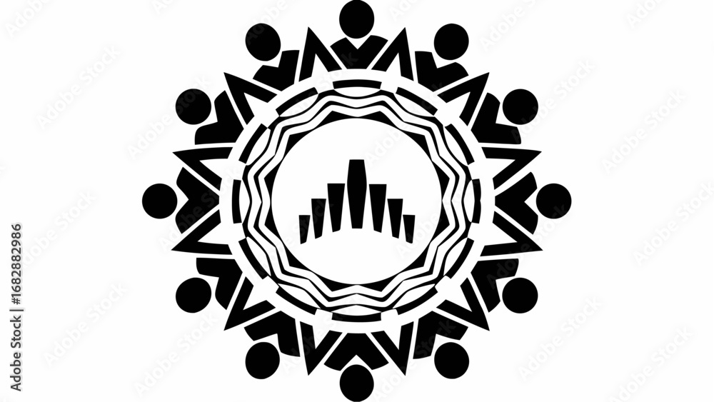 Fototapeta premium Circular design with stylized figures around the edge and a cityscape in the center in black and white silhouette
