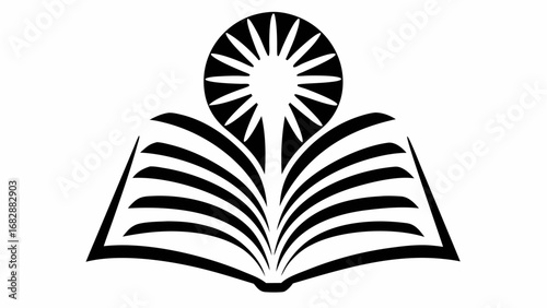 Open book with radiating sun above it symbolizing knowledge and enlightenment in black and white design silhouette