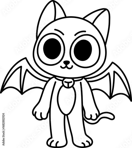Cute Bat-Winged Black Cat Standing with Big Eyes (Coloring Page Outline Illustration)