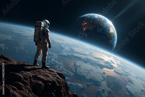 Spaceman Looking at Earth From Space Thinking About Future