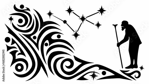 Illustration of tribal art with swirls, an old man with a cane, and a constellation of stars in black and white silhouette