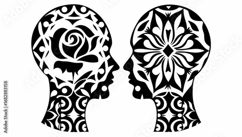Two stylized human head profiles facing each other filled with floral and geometric patterns design silhouette