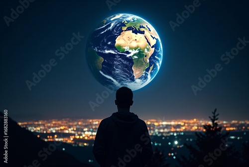 Man Silhouette Watching Earth Globe with City Lights