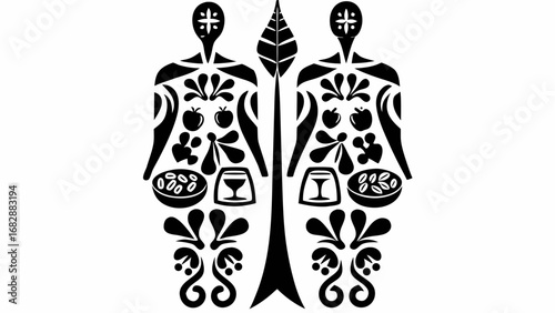 Two mirrored human head profiles filled with symbolic icons and shapes in black and white illustration art silhouette
