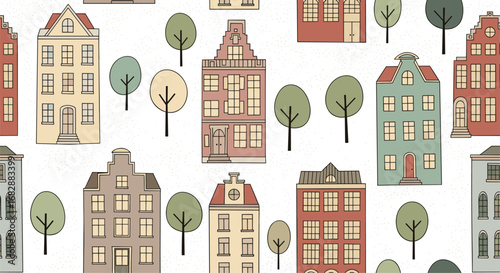 Charming european cityscape with diverse architecture and lush green trees creating a picturesque urban scene