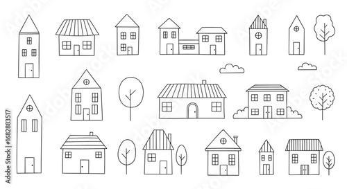 Collection of minimalist outline houses and trees for architectural design and property development projects