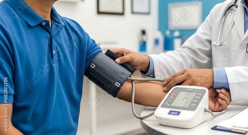A professional doctor checks a patient's blood pressure using a digital monitor in a clinical setting