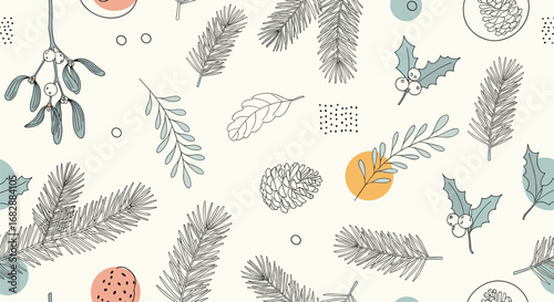A charming and whimsical winter wonderland pattern featuring delicate foliage and subtle pops of color