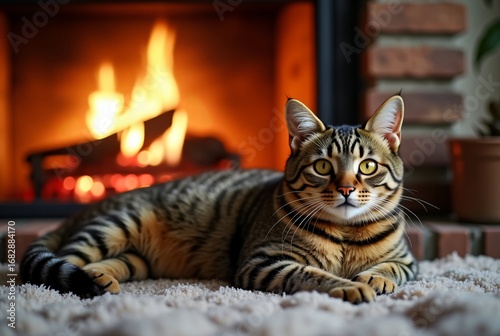 Relaxing Tabby Cat Lounging Near Fireplace on a Winter Day