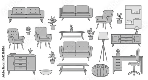 Elegant living room furniture collection with various seating options and storage units including a desk and chair