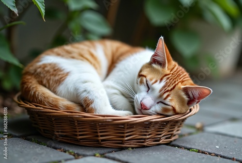 Sleeping Calico Cat Curled in Basket 