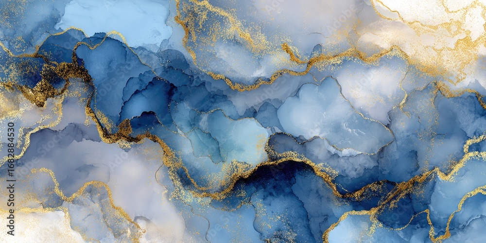 Fototapeta premium Abstract fluid art design featuring flowing blues and golds