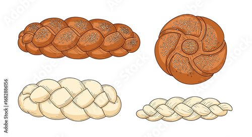 Delicious baked goods collection featuring braided bread and round pastries sprinkled with seeds