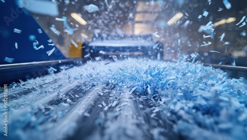 Shredded paper on a conveyor belt