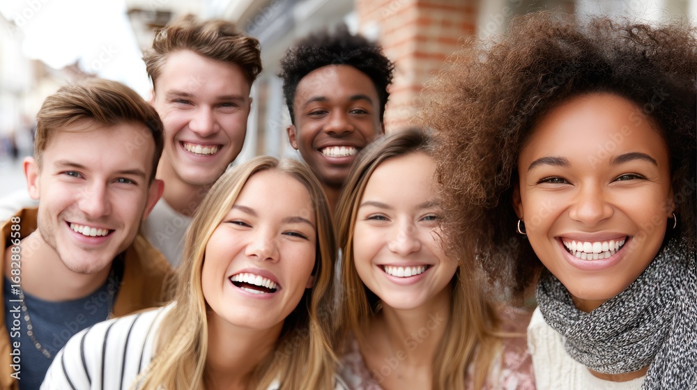 Fototapeta premium Happy young adults enjoying a sunny day together while posing for a cheerful group picture in an urban setting