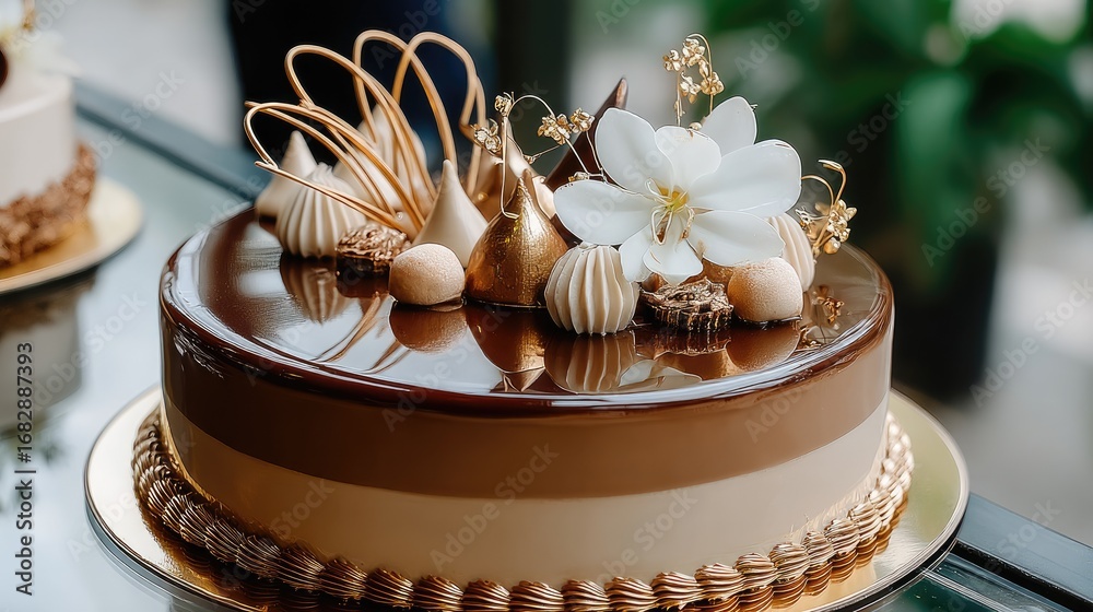 Fototapeta premium Elegant chocolate cake with decorative elements displayed in a bright setting at a bakery