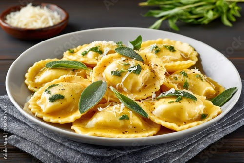 Ravioli pasta with butter, sage, and grated cheese being served on a plate
