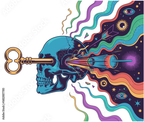 Surreal skull pierced by ornate key conceptual vector illustration unlock your mind