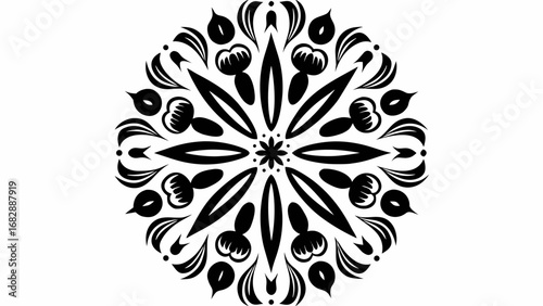 A symmetrical black and white floral mandala design with petals and leaves arranged in a circular pattern design silhouette
