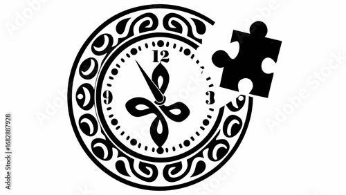 Ornate clock face with hands pointing towards twelve and a puzzle piece missing on the right side silhouette