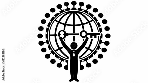 A black and white logo featuring a person holding keys in front of a globe with circular decorations silhouette