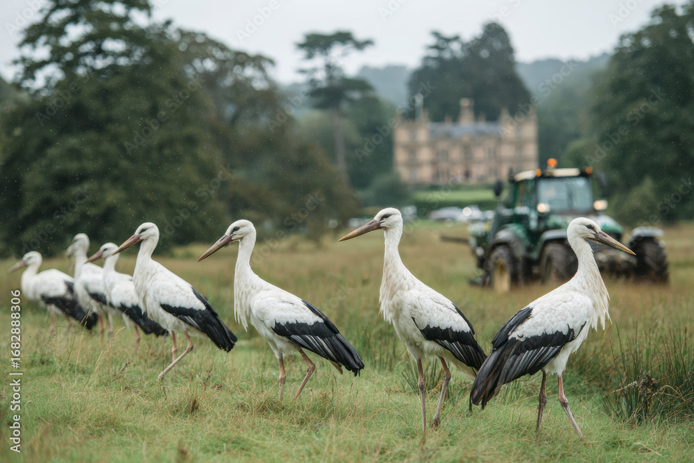 Obraz premium Storks Following Tractor During Haymaking on Wet Meadow in Countryside. AI generative.
