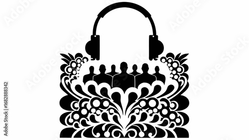 Silhouette of people with headphones and floral designs in black and white for music or community concept