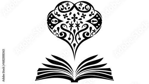Open book silhouette with ornate heart shaped design above it in black and white vector illustration